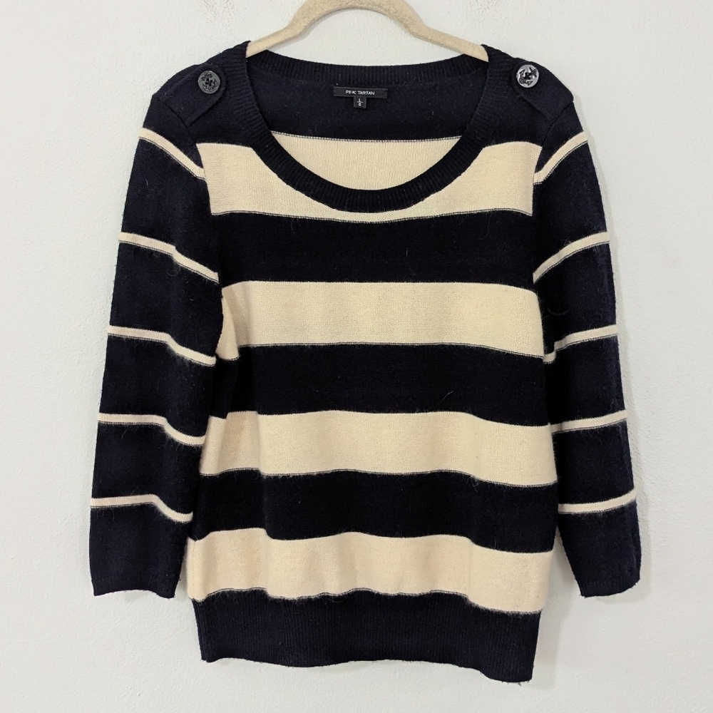 Pink Tartan Round Neck Button Striped Sweater Wool Angora Beige Blue Large L